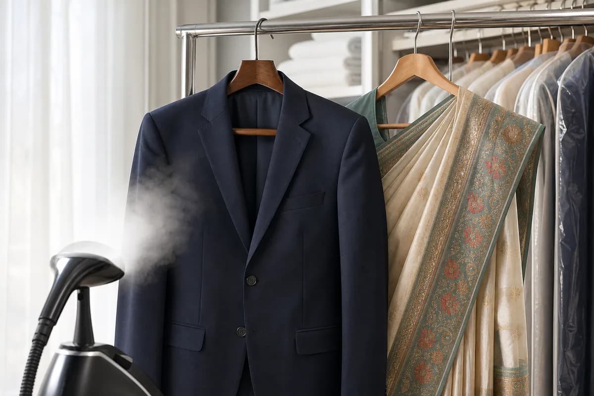 A suit and traditional saree receiving careful garment treatment